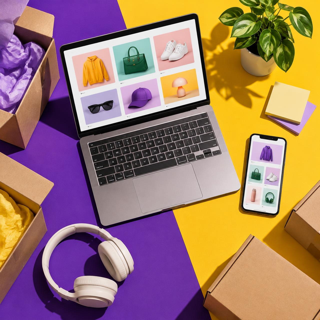 Laptop and phone showing an online shop, surrounded by shipping boxes on a purple and yellow desk
